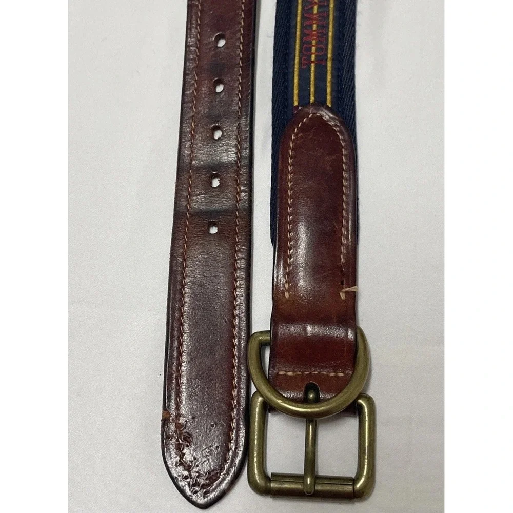 Vintage 1990's Leather Tommy Hilfiger Belt Flags Multi Colored Navy Mens Size 34